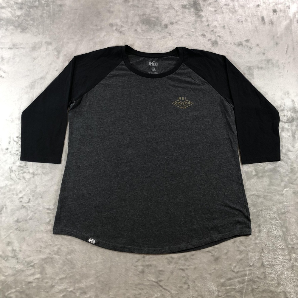 REI Co-op Shirt Womens XL Gray Black Raglan 3/4 Sleeve Baseball 1938 Graphic Tee